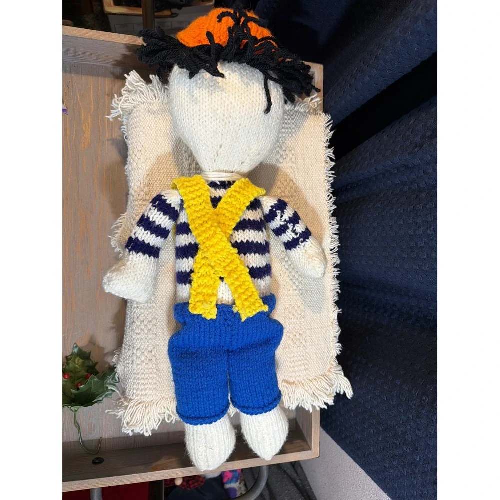 Vintage Handmade Knit Dolls Boy and Girl Set Striped Sweater Suspenders hats‎